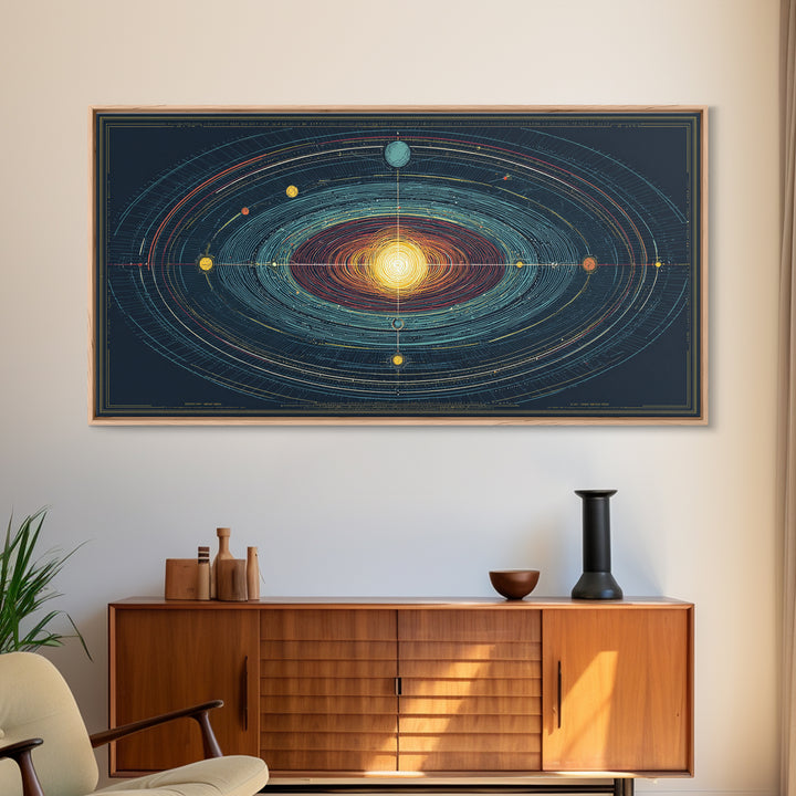 Celestial Orbit Map Framed Canvas Print, Modern Abstract Art, Midcentury Wall Art, Space Poster, Geometric Home Office Decor