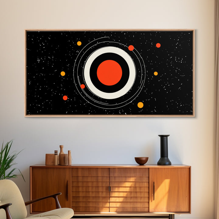 Minimal Red Planet Wall Art, Black Starfield Orbit Poster, Midcentury Modern Decor, Atomic Space Abstract Art Print, MCM