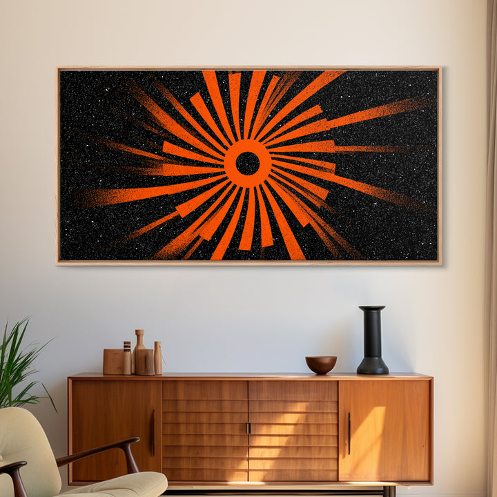 Orange Eclipse Sunburst Canvas Print, Retro Space Abstract Art, Midcentury Modern Wall Decor, Black Atomic Poster For Living Room
