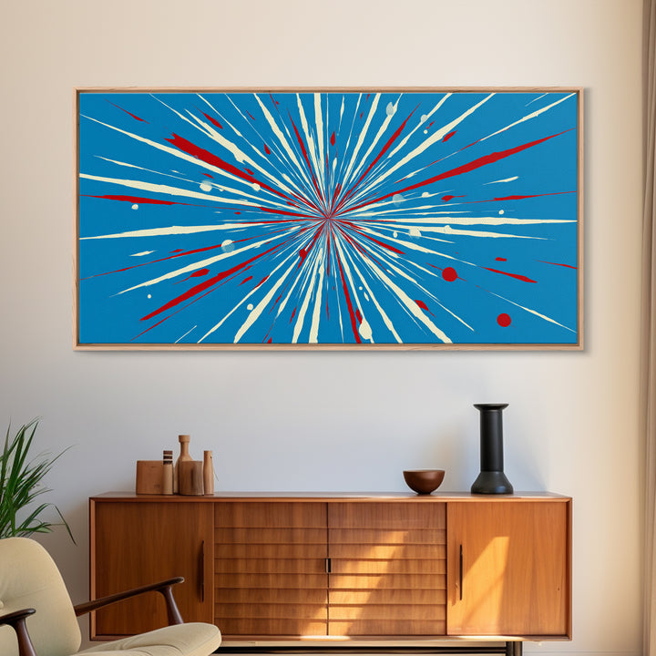 Blue Red Speed Burst Wall Art, Retro Sci Fi Star Lines, Modern Abstract Art Print, Bold Graphic Poster, Game Room Decor Gift