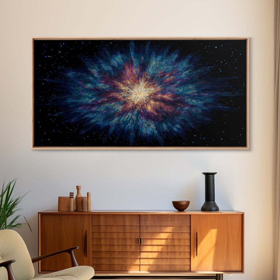 Luminous Nebula Starburst Framed Canvas Print, Cosmic Abstract Wall Art, Modern Galaxy Poster, Blue Purple Bedroom Decor