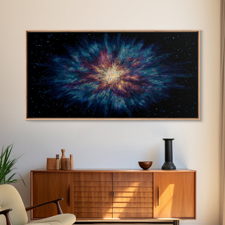 Luminous Nebula Starburst Framed Canvas Print, Cosmic Abstract Wall Art, Modern Galaxy Poster, Blue Purple Bedroom Decor