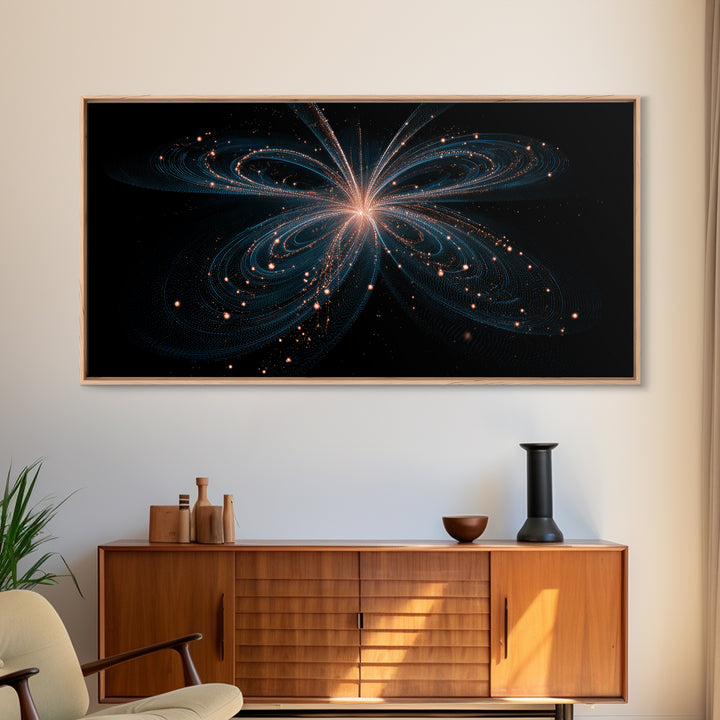 Orbital Butterfly Starfield Framed Canvas Print, Cosmic Particle Wall Art, Modern Abstract Art, Elegant Sci Fi Bedroom Decor