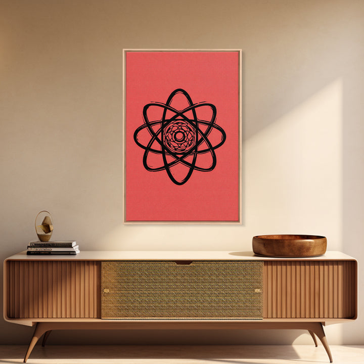 Black Atomic Symbol On Red Canvas Print, Midcentury Modern Wall Art, Retro Science Poster, Geometric MCM Home Decor, Atomic Art Print