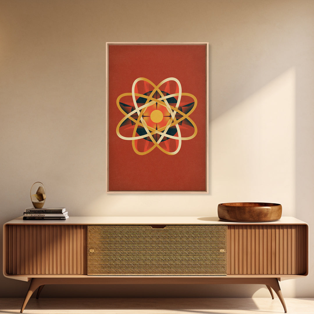 Glowing Golden Atomic Symbol Canvas Print, Midcentury Modern Wall Art, Retro Science Decor, Orange Geometric Abstract Poster