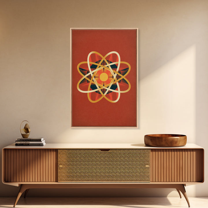 Glowing Golden Atomic Symbol Canvas Print, Midcentury Modern Wall Art, Retro Science Decor, Orange Geometric Abstract Poster