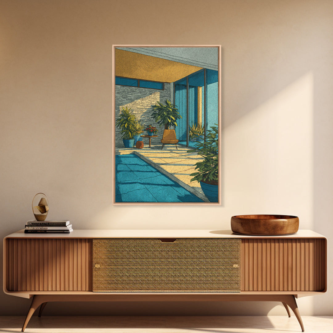 Sunlit Mid Century Patio Pool Framed Canvas Print, Modern Architecture Wall Art, Palm Springs Decor, MCM Home Office Decor