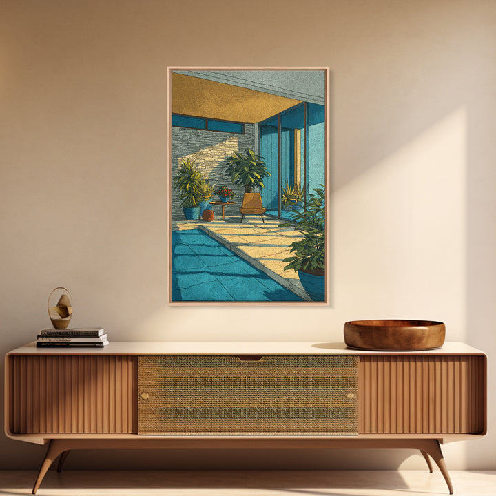 Sunlit Mid Century Patio Pool Framed Canvas Print, Modern Architecture Wall Art, Palm Springs Decor, MCM Home Office Decor