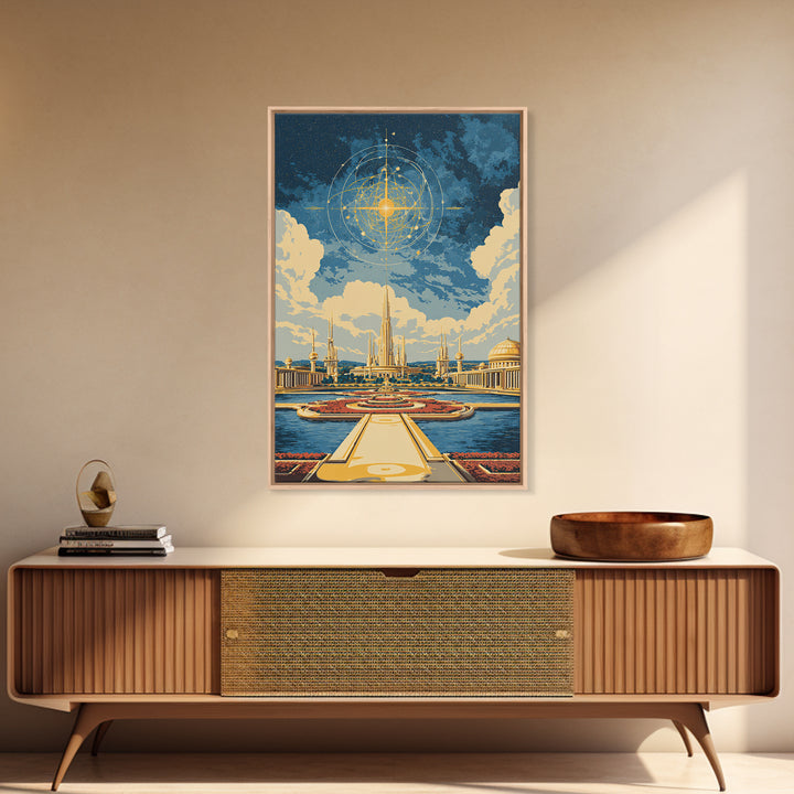 Golden Celestial Palace And Star Map Wall Art, Mid Century Modern Sci Fi Poster, Futuristic City Decor, Cosmic Canvas Print