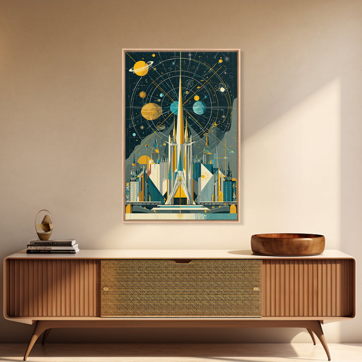 Atomic Rocket Spire Space Age City Canvas Print, Mid Century Modern Wall Art, Futuristic Planet Poster, Geometric MCM Decor