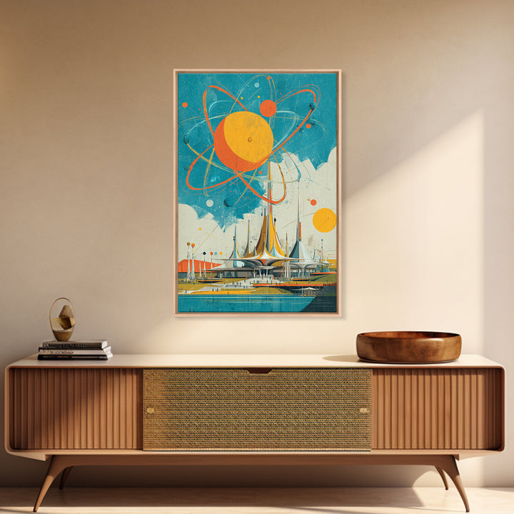 Giant Atomic Sun Over Futuristic City Wall Art, Mid Century Modern Canvas Print, Retro Space Age Poster, Turquoise Decor