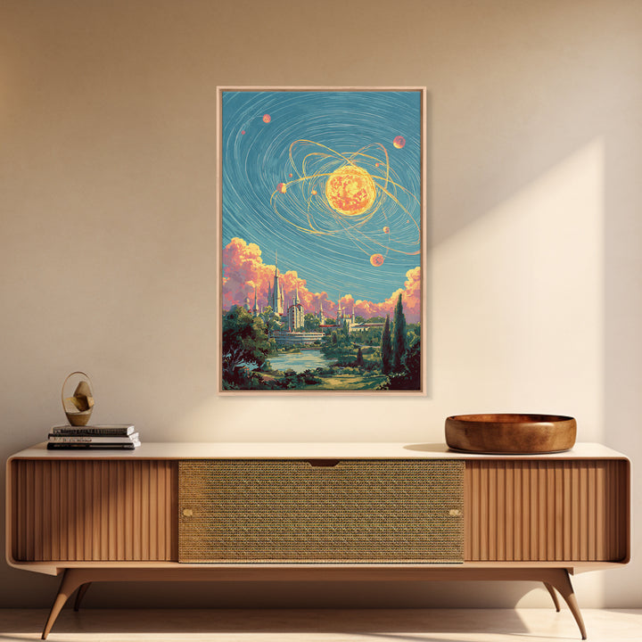 Glowing Atomic Sun Over Retro Future City Canvas Print, Mid Century Modern Wall Art, Cosmic Space Poster, Scenic MCM Decor