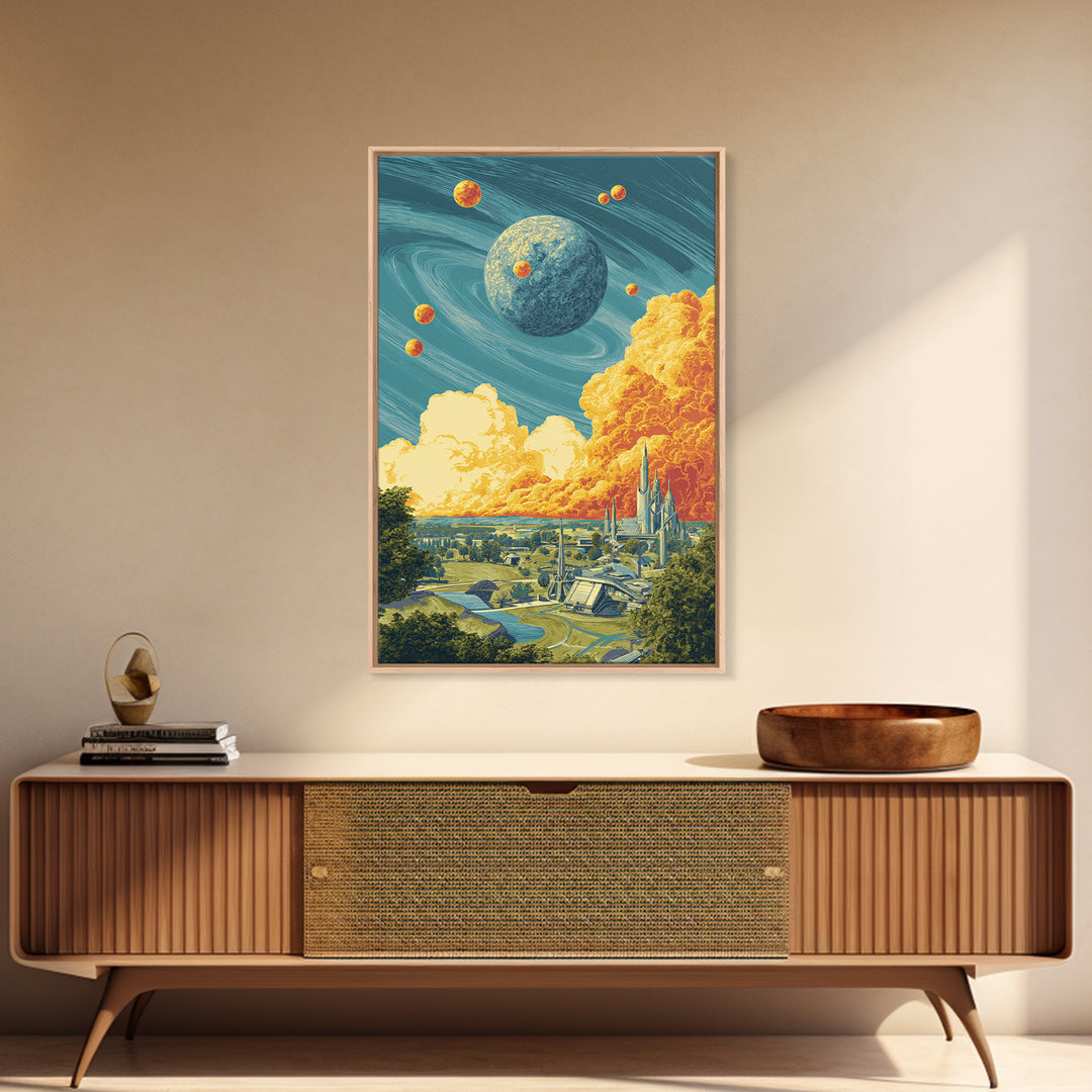 Retro Futuristic Planet City Wall Art, Sci Fi Space Landscape, Midcentury Modern Poster, Atomic MCM Decor, Blue Orange Print