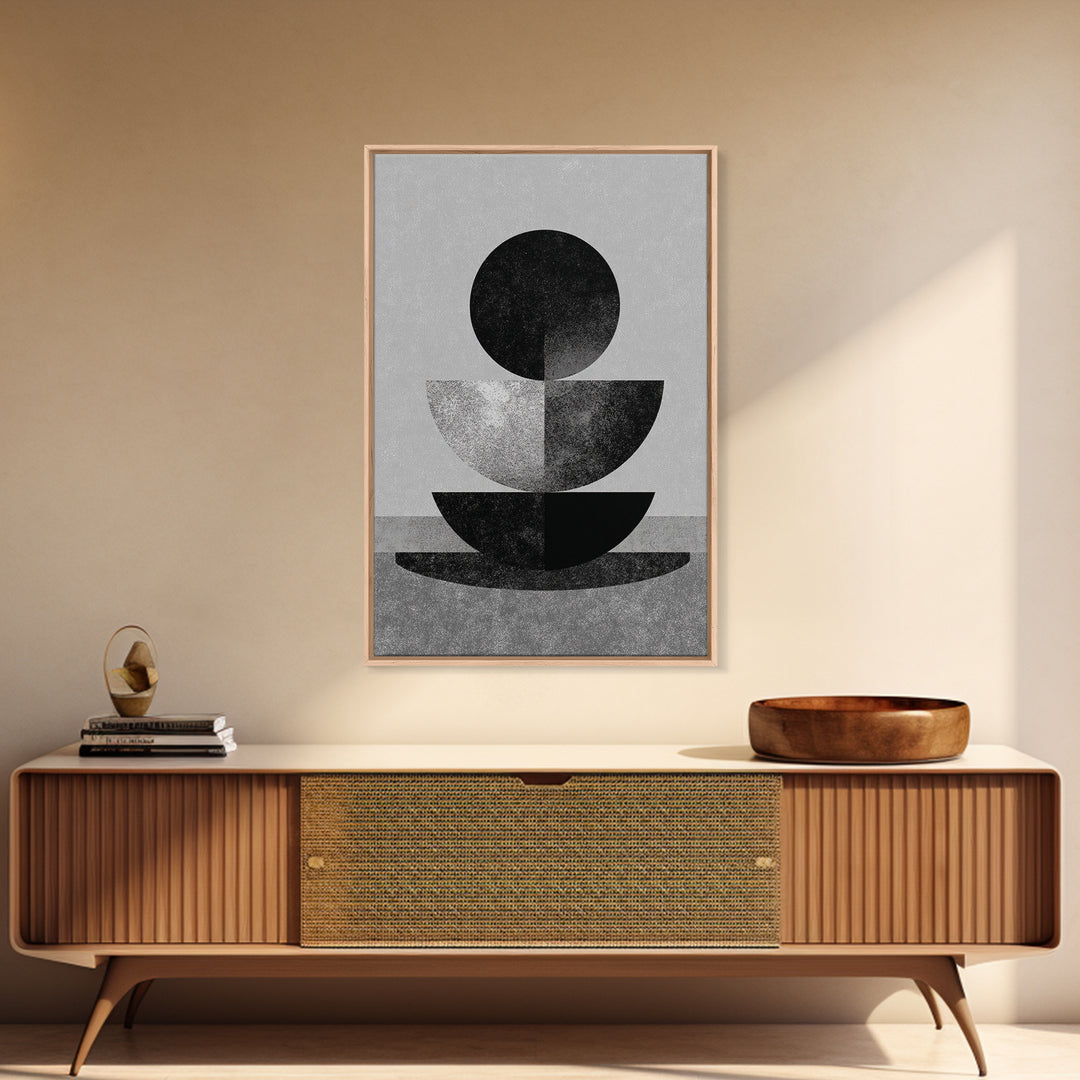 Monochrome Stacked Circle Wall Art, Black White Abstract Poster, Midcentury Modern Geometric Decor, Minimalist MCM Print