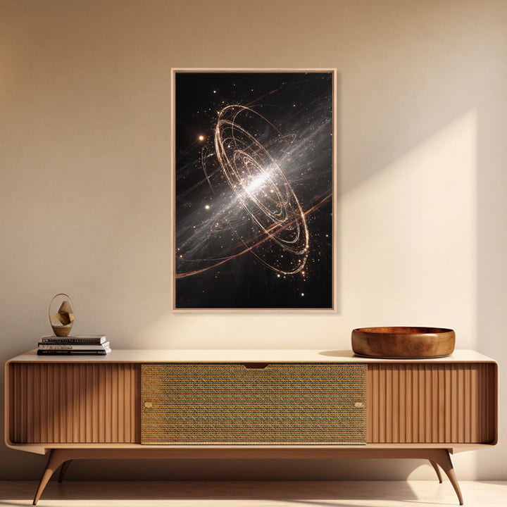 Glowing Galactic Rings Around Bright Star Framed Canvas Print, Space Abstract Art, Modern Wall Decor, Cosmic Poster Gift
