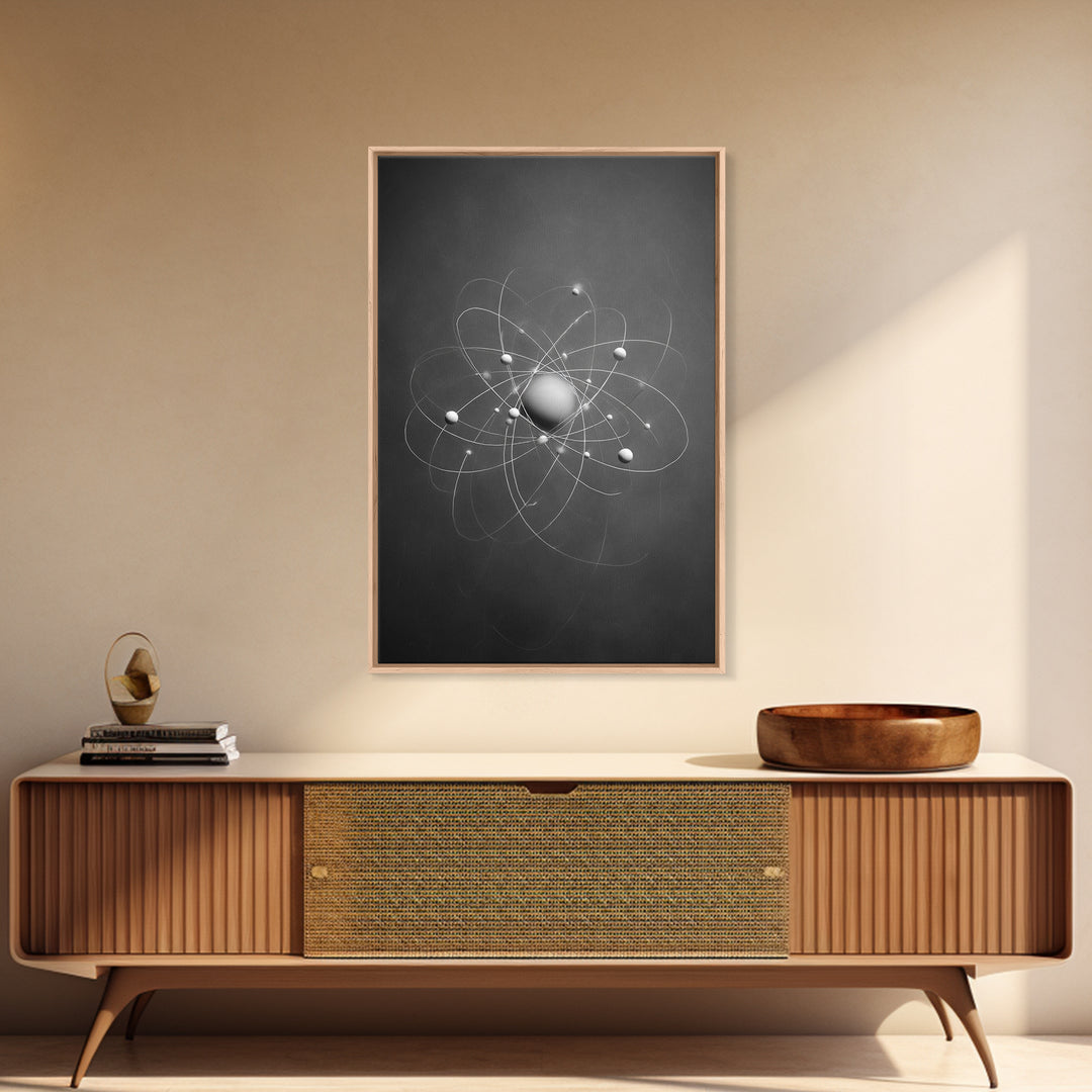 Monochrome Atom Model Framed Canvas Print, Gray Science Abstract Art, Modern Wall Decor, Mid Century Geometric Poster Print