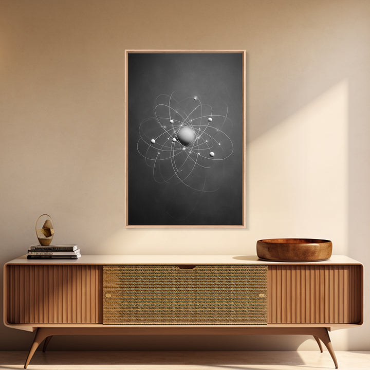 Monochrome Atom Model Framed Canvas Print, Gray Science Abstract Art, Modern Wall Decor, Mid Century Geometric Poster Print