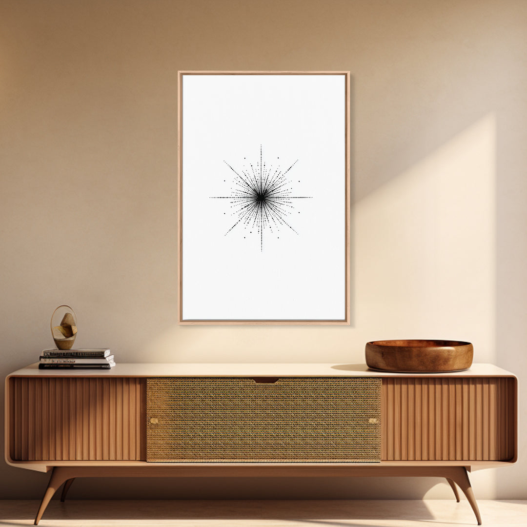 Dotted Cosmic Starburst Wall Art, Black And White Minimal Abstract, Modern Geometric Poster, Mid Century Office Decor Print