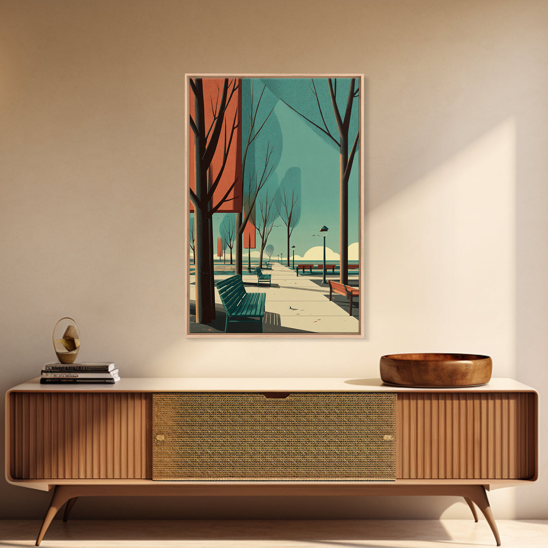Teal Orange City Promenade Wall Art, Mid Century Modern Travel Poster, Architectural Park Print, Retro Urban Wall Decor Print