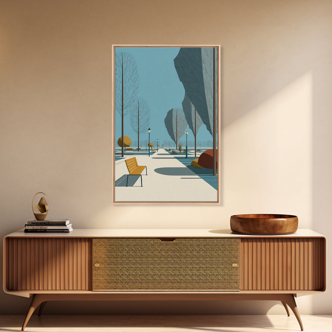 Winter Park Avenue With Yellow Bench Wall Art, Mid Century Modern Landscape Print, Scandinavian Modern Office Decor Poster