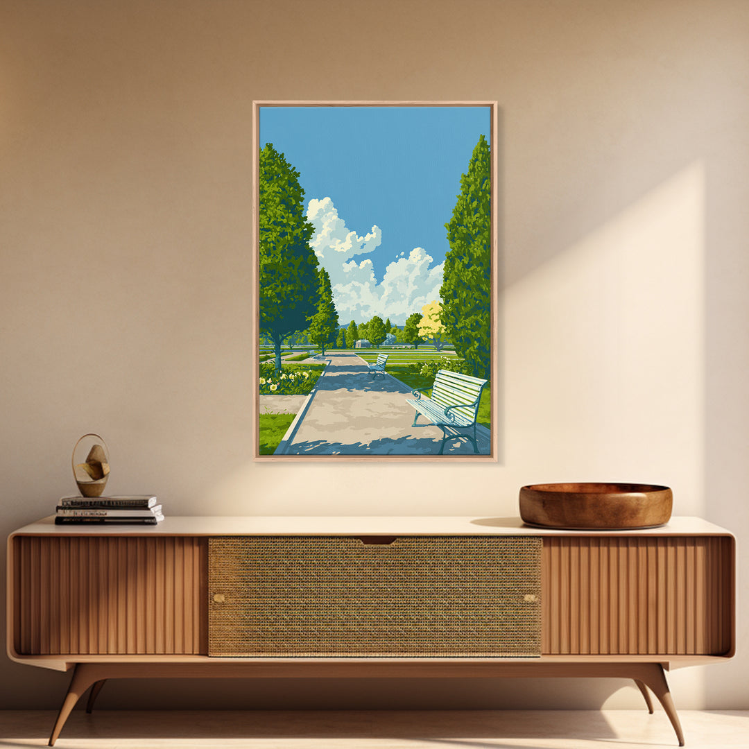 Green Formal Garden Walkway Framed Canvas Print, Mid Century Modern Nature Art, Bright Park Landscape Wall Decor For Home Office