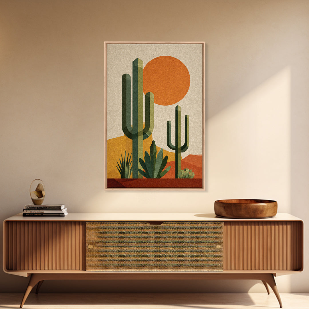 Tall Saguaro Cactus Orange Sun Wall Art, Mid Century Modern Desert Print, Southwestern Decor, Retro Botanical Poster For Home