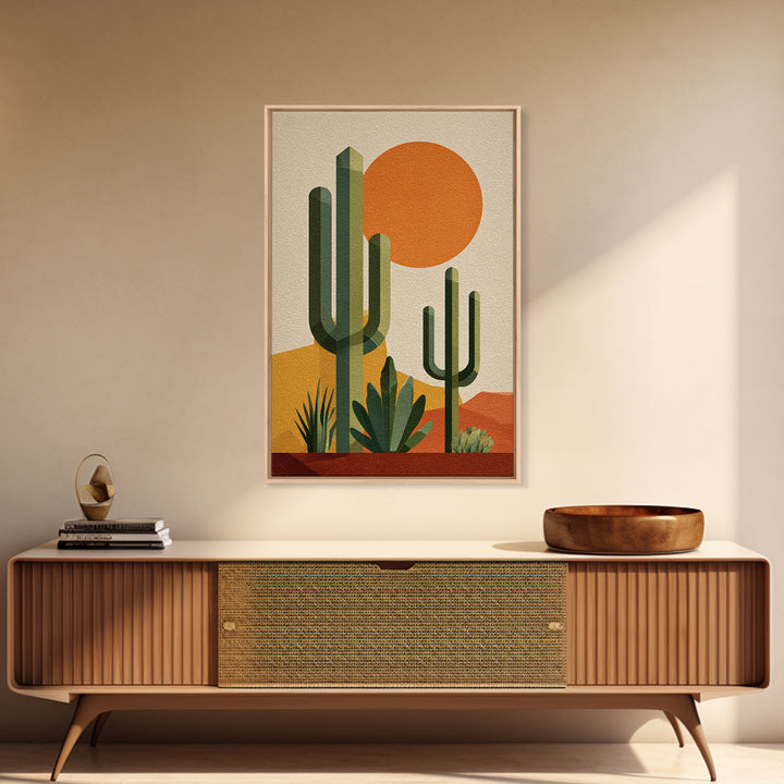 Tall Saguaro Cactus Orange Sun Wall Art, Mid Century Modern Desert Print, Southwestern Decor, Retro Botanical Poster For Home