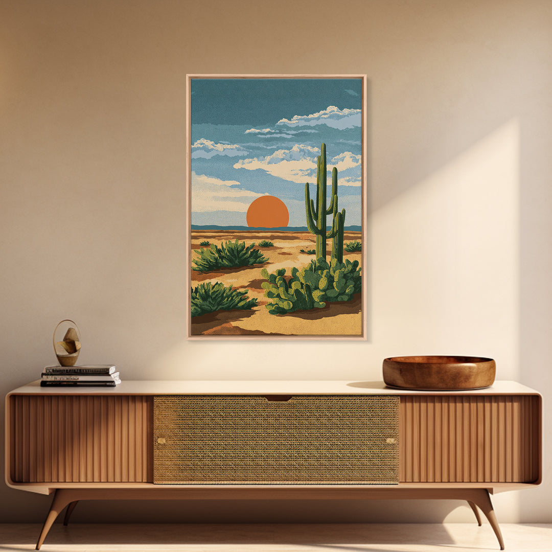 Textured Desert Cactus Sunset Canvas Print, Mid Century Modern Art, Southwestern Landscape Poster, Warm Earth Tone Decor