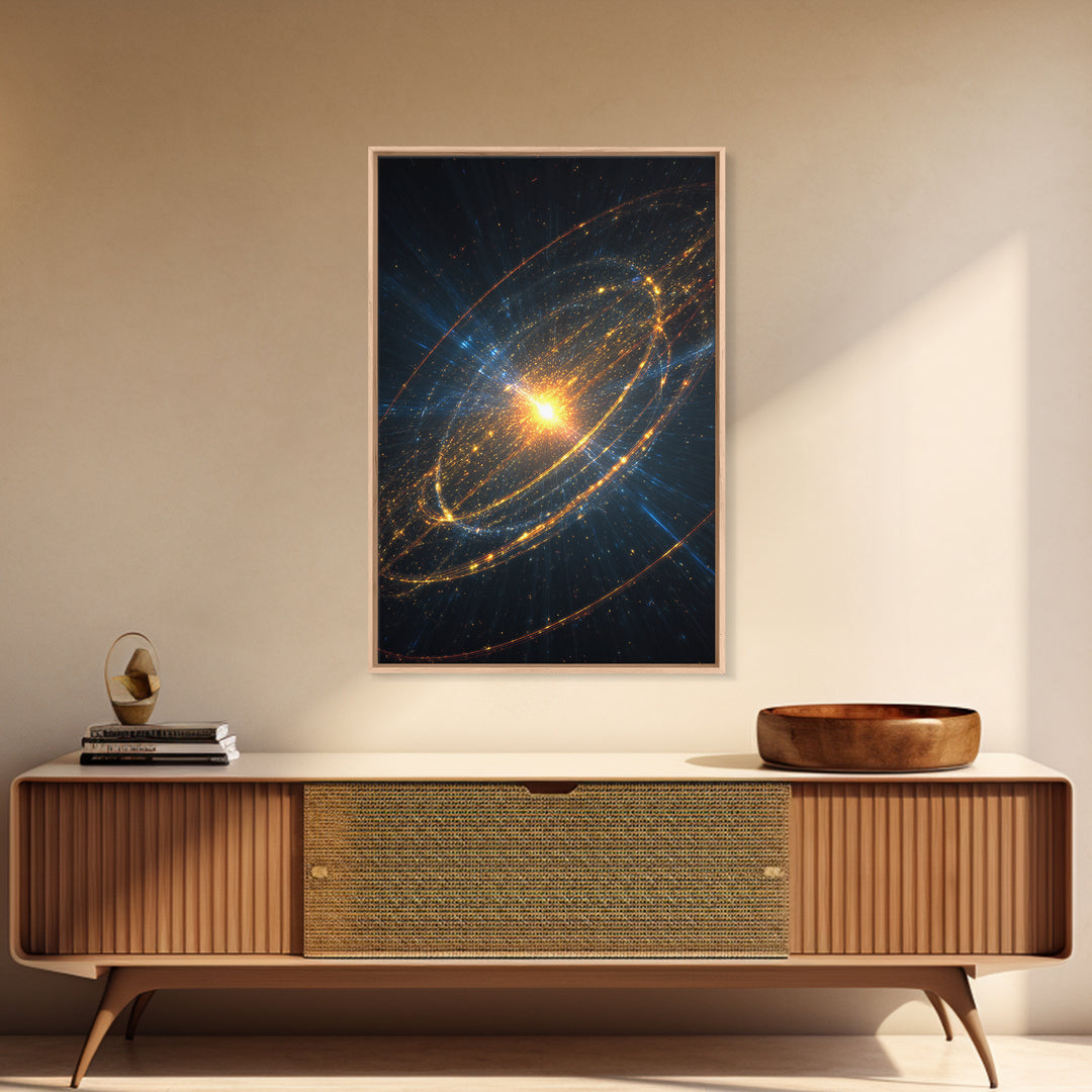Radiant Starburst Galaxy With Golden Orbital Rings Wall Art, Cosmic Space Poster, Modern Abstract Art, Sci Fi Home Decor