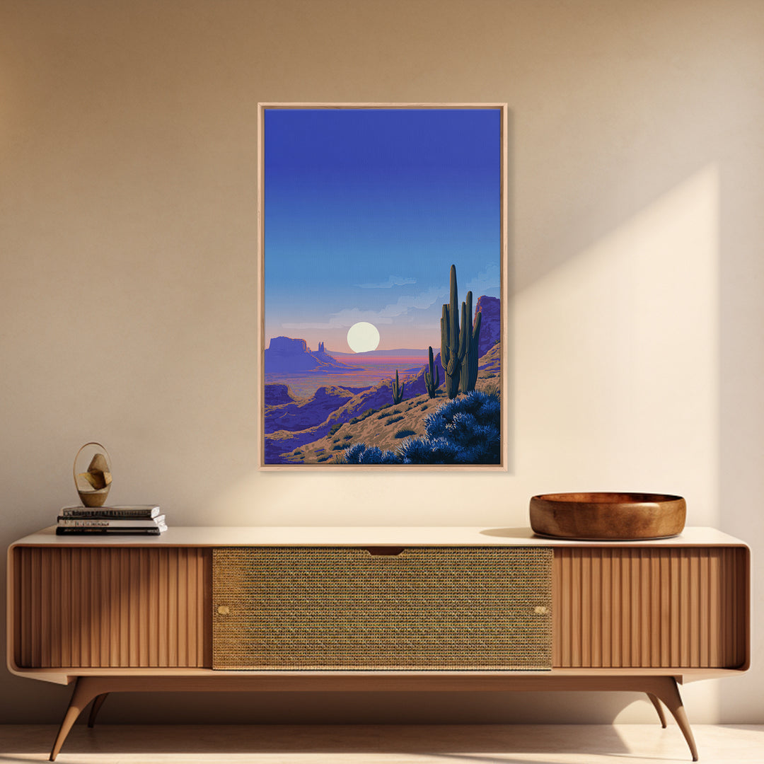 Blue Canyon Desert Moon Wall Art, Mid Century Modern Landscape Print, Cactus Travel Poster, Southwestern Home Decor For Living Room