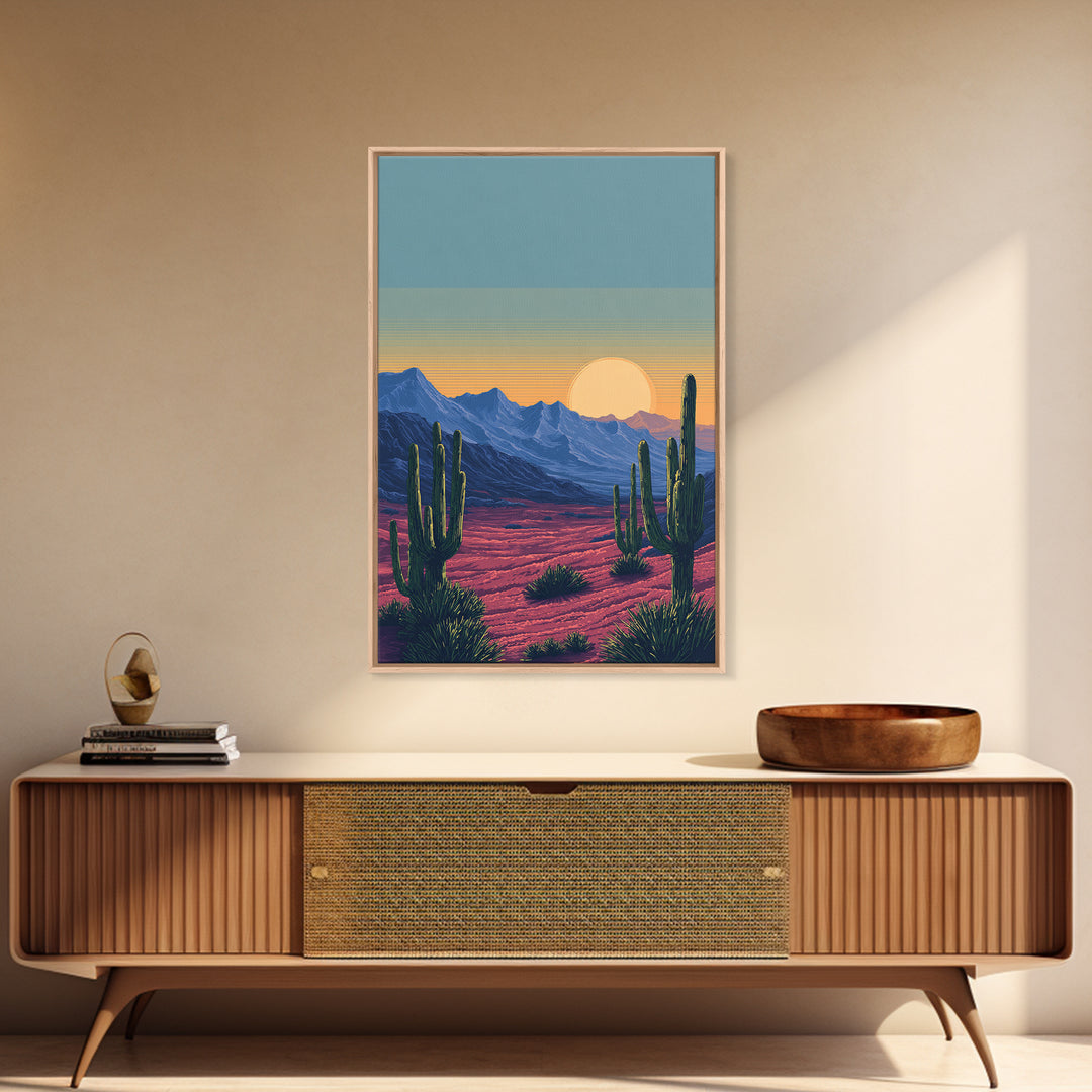 Saguaro Desert Mountains At Sunset Wall Art, Mid Century Modern Southwest Landscape, Retro Travel Poster, Colorful Home Decor