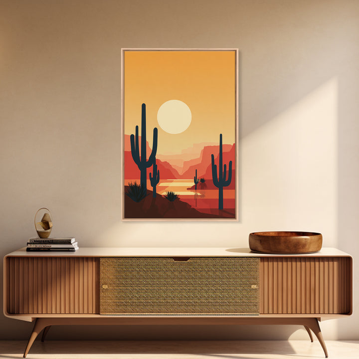 Canyon River Saguaro Sunset Canvas Print, Mid Century Modern Desert Poster, Southwestern Decor, Orange Living Room Wall Art