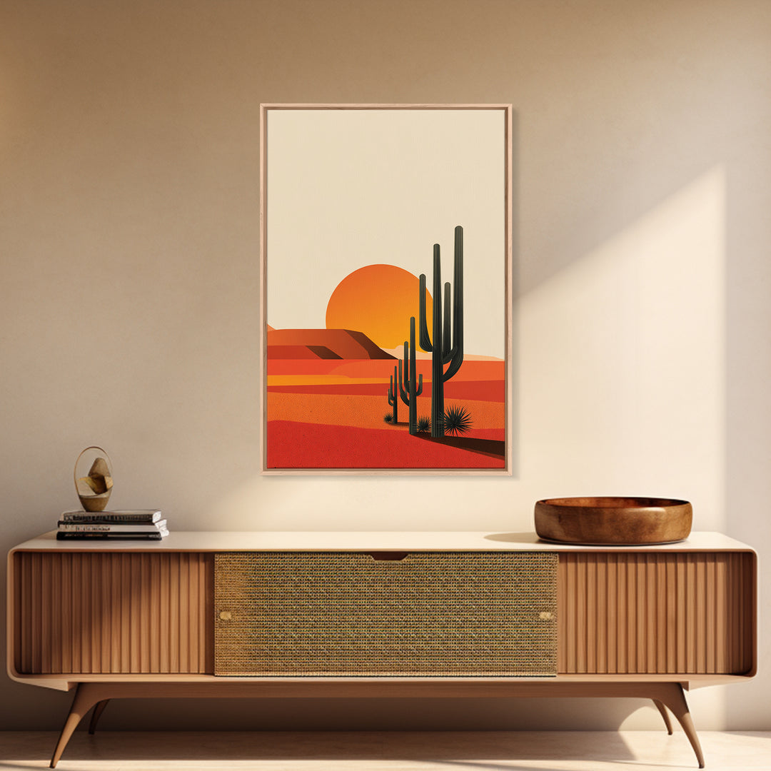 Orange Desert Sun With Tall Cactus Framed Canvas Print, Mid Century Modern Art, Minimal Southwest Decor, Warm Retro Poster