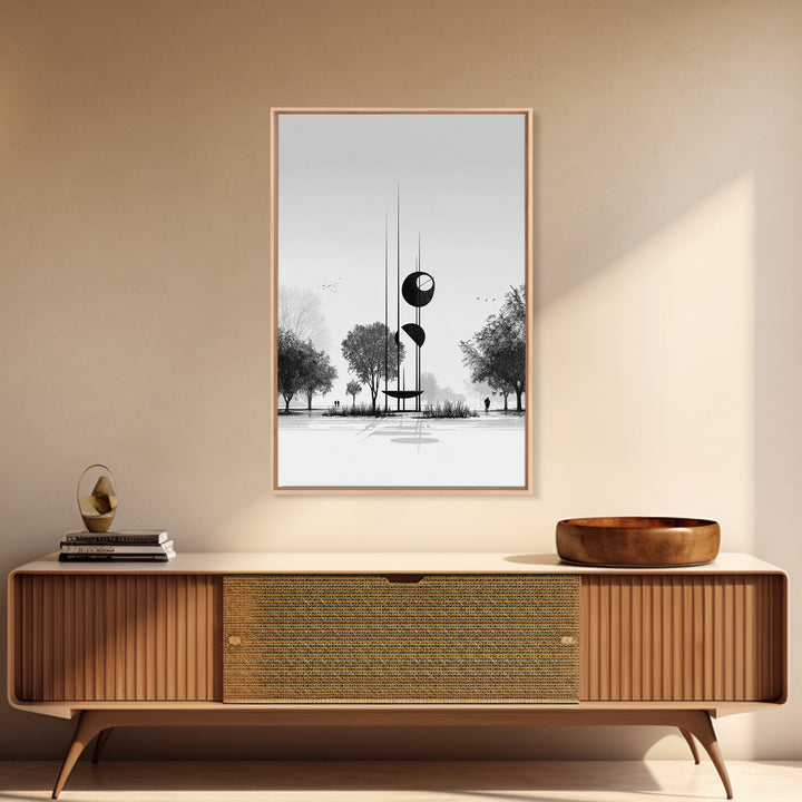 Black And White Modern Sculpture Wall Art, Minimalist Landscape Print, Contemporary Office Decor, Abstract Geometric Art