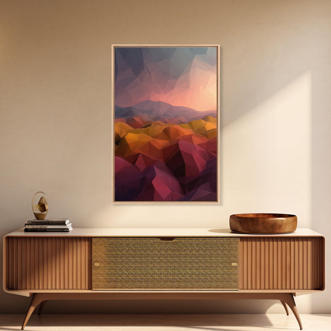 Low Poly Desert Sunset Over Red Hills Framed Canvas Print, Abstract Landscape Wall Art, Southwestern Decor, Modern Poster