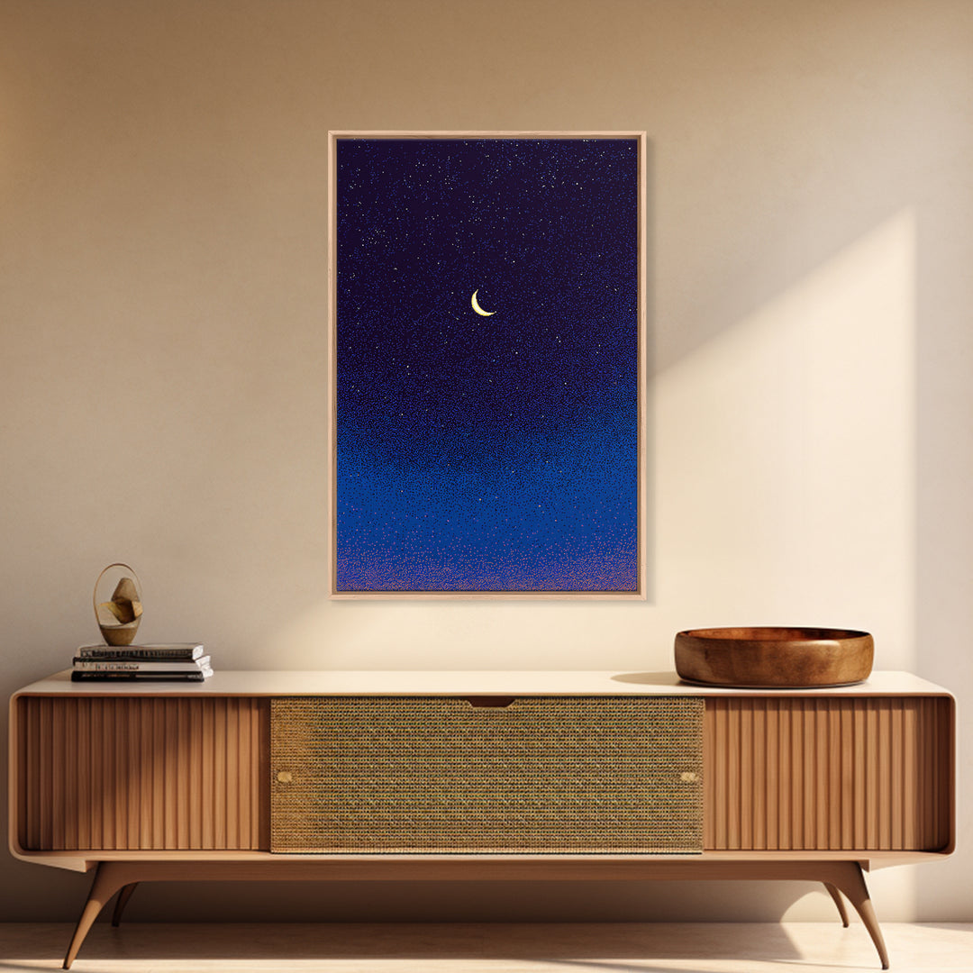 Purple Blue Crescent Moon Canvas Print, Starry Night Sky Wall Art, Celestial Bedroom Decor, Modern Spiritual Poster Gift