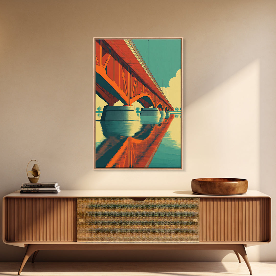 Orange Steel Bridge Reflection Wall Art, Retro Travel Poster, Midcentury Modern Decor, Architectural Art Print For Living Room
