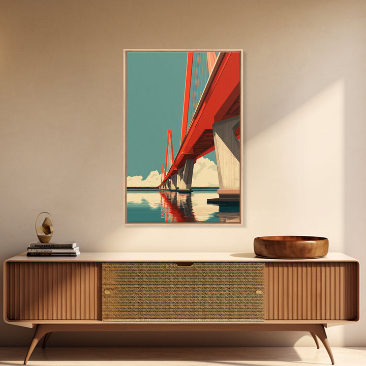Red Suspension Bridge Over Water Canvas Print, Modern Travel Poster, Architectural Wall Art, Midcentury Decor, Coastal Home Print