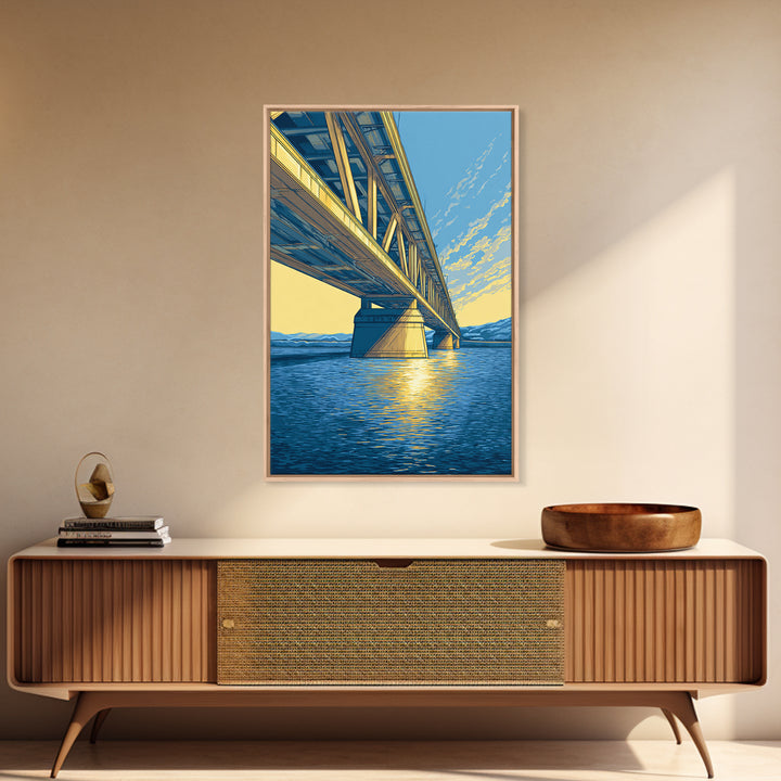 Blue Golden Bridge At Sunset Framed Canvas Print, Scenic Landscape Wall Art, Modern Coastal Decor, Lake House Art Print Gift