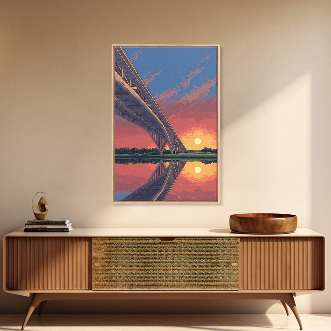 Sunset Bridge Reflection Wall Art, Pink Orange Sky Landscape Poster, Retro Travel Print, Modern Home Decor, Scenic Canvas Print