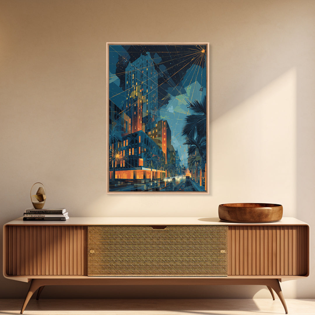 Glowing Art Deco Night City With Palms Wall Art, Mid Century Modern Poster, Retro Urban Decor, Blue Orange Living Room Print