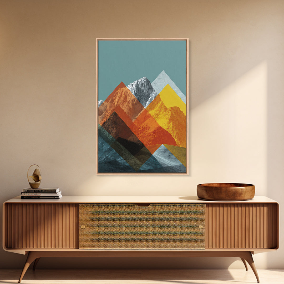 Layered Orange Geometric Mountain Peaks Canvas Print, Mid Century Modern Wall Art, Abstract Landscape Poster, MCM Decor Gift