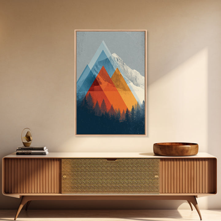 Snowy Alpine Peak With Orange Blue Triangles Framed Canvas Print, Mid Century Modern Wall Art, Forest Landscape Decor Print