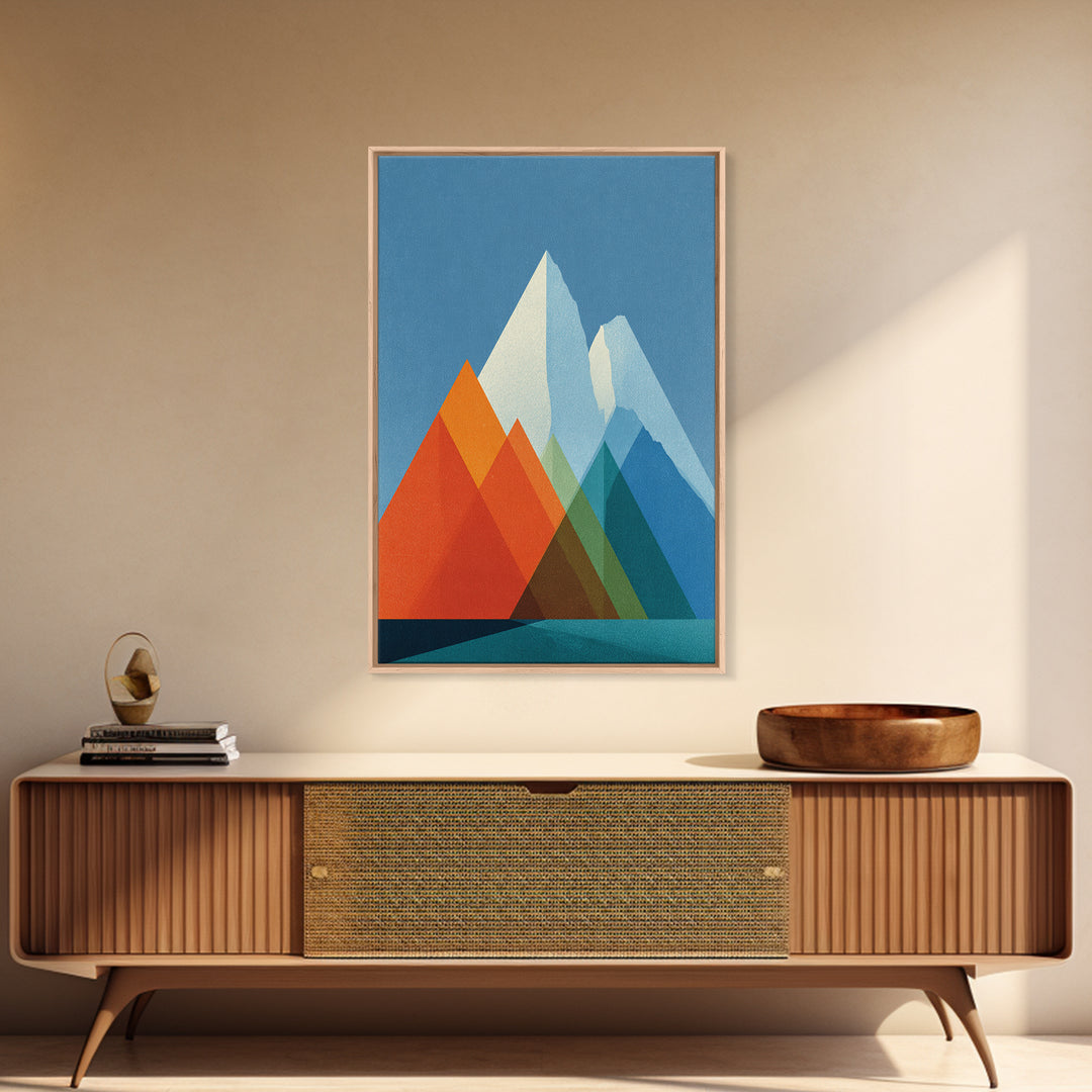 Minimalist Blue And Orange Mountain Triangles Wall Art, Mid Century Modern Canvas Print, Geometric Landscape Home Decor Gift