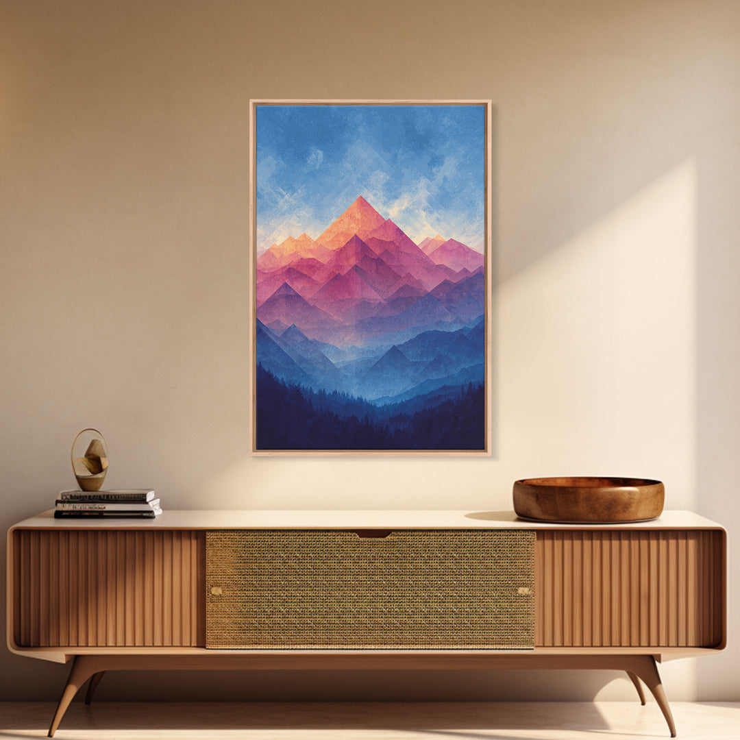 Pink And Blue Layered Mountain Sunset Wall Art, Mid Century Modern Abstract Landscape Print, Colorful Bedroom Decor Gift