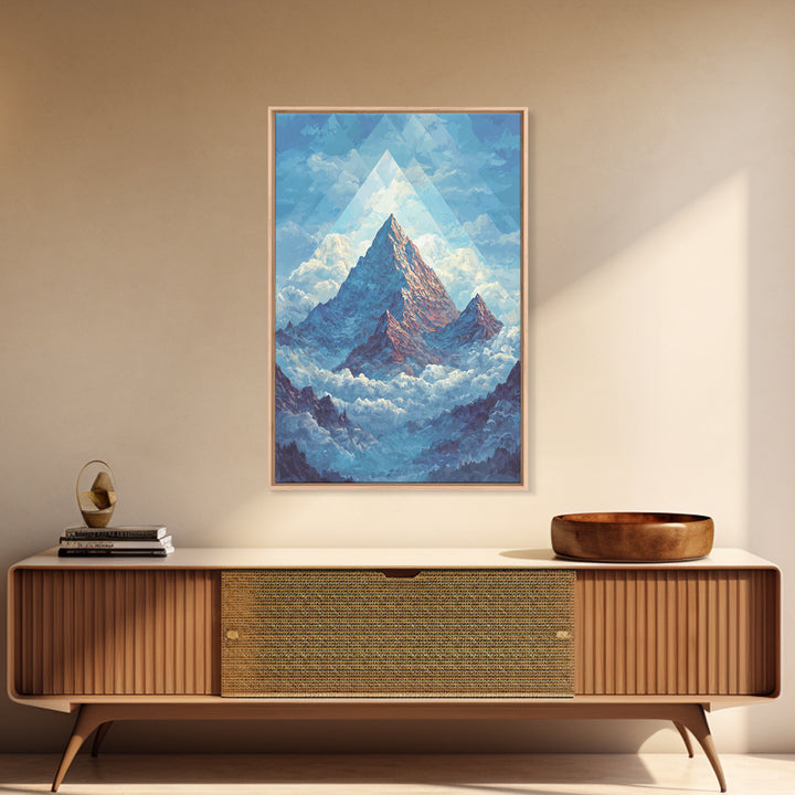 Snowy Peak Rising Above Clouds Framed Canvas Print, Mid Century Modern Wall Art, Blue Mountain Landscape Office Decor Poster