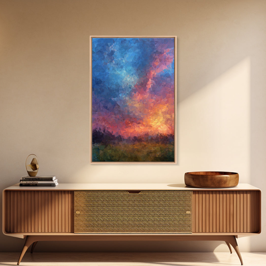 Polygon Sunset Sky With Blue Pink Clouds Wall Art, Colorful Landscape Poster, Abstract Nature Art, Modern Bedroom Decor Print