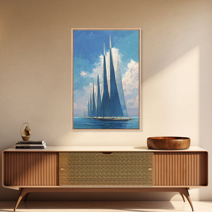 Blue Sailboat Fleet On Sparkling Sea Wall Art, Nautical Coastal Decor, Modern Art Print, Living Room Ocean Canvas, Boat Lover Gift