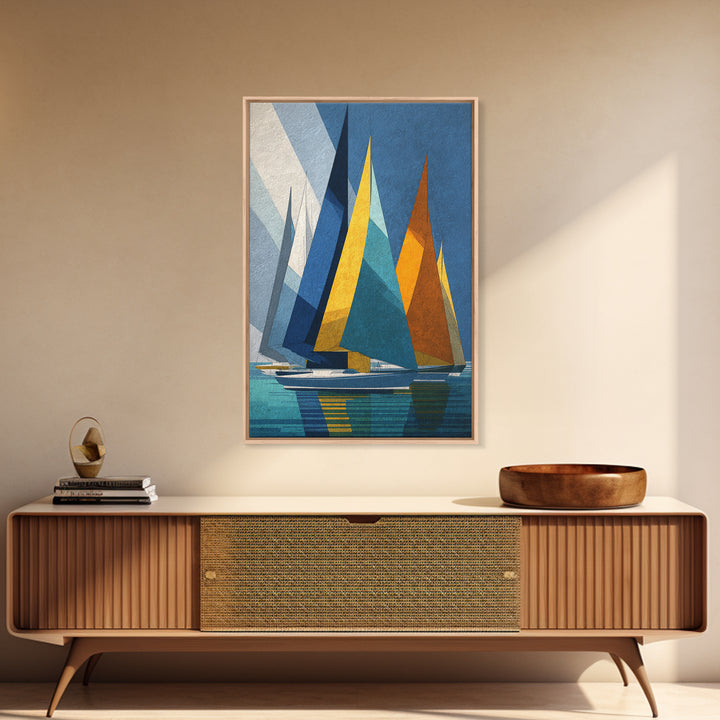 Geometric Sailboats With Yellow And Orange Sails Canvas Print, Midcentury Modern Wall Art, Coastal Nautical Decor, Boat Lover Gift