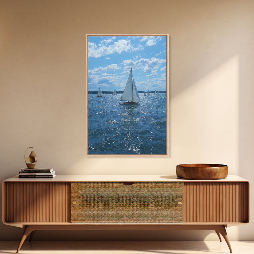 White Sailboats On Sparkling Blue Lake Wall Art, Coastal Travel Poster, Nautical Living Room Decor, Boat Lover Gift, Office Decor